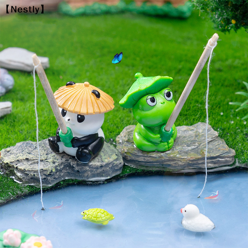 Aquarium Fish Cartoon - Fishing Frog Panda Figurines Ornament Creative